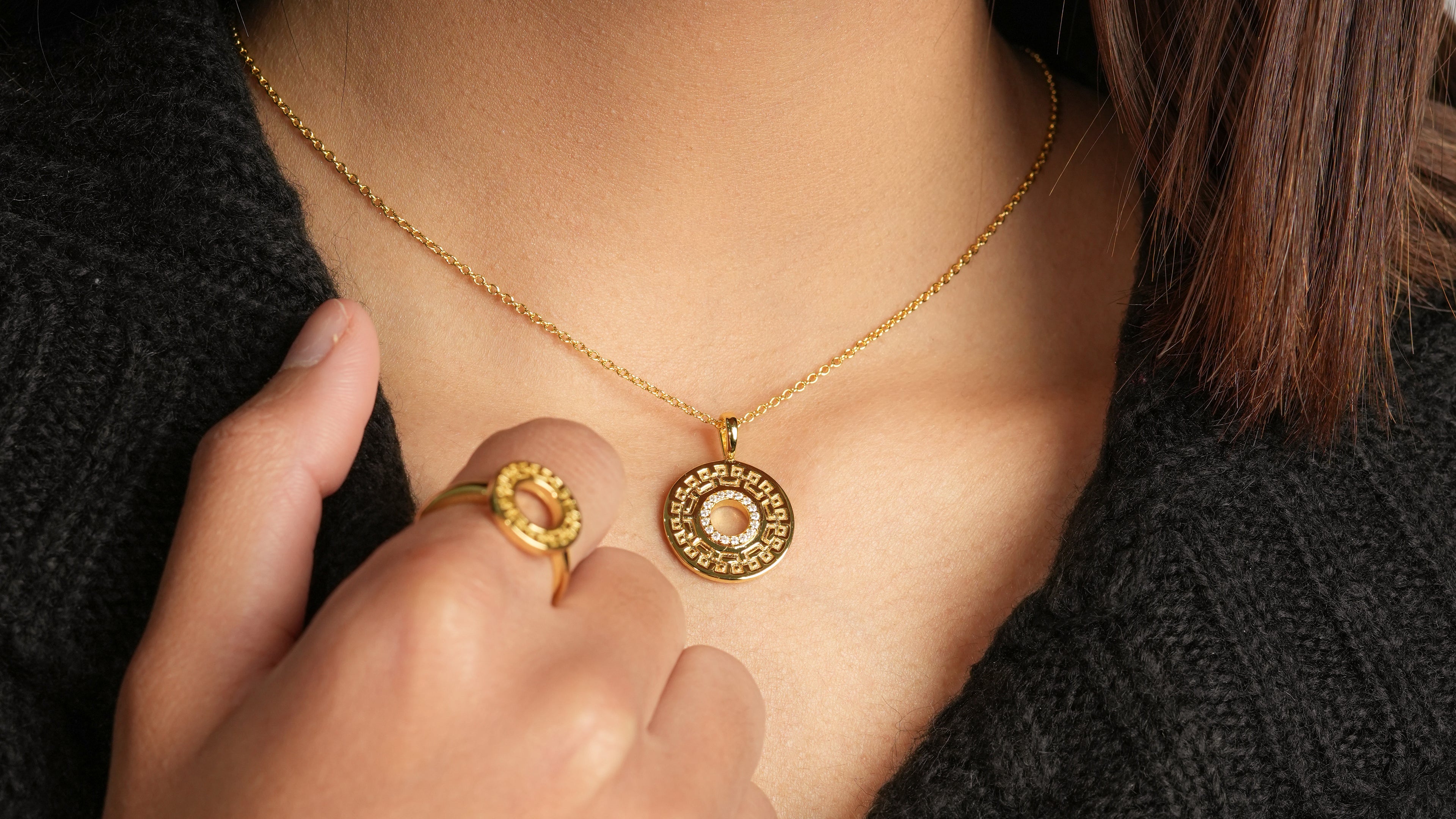 Person wearing Medallion Vermeil Ring and Medallion Vermeil Necklace