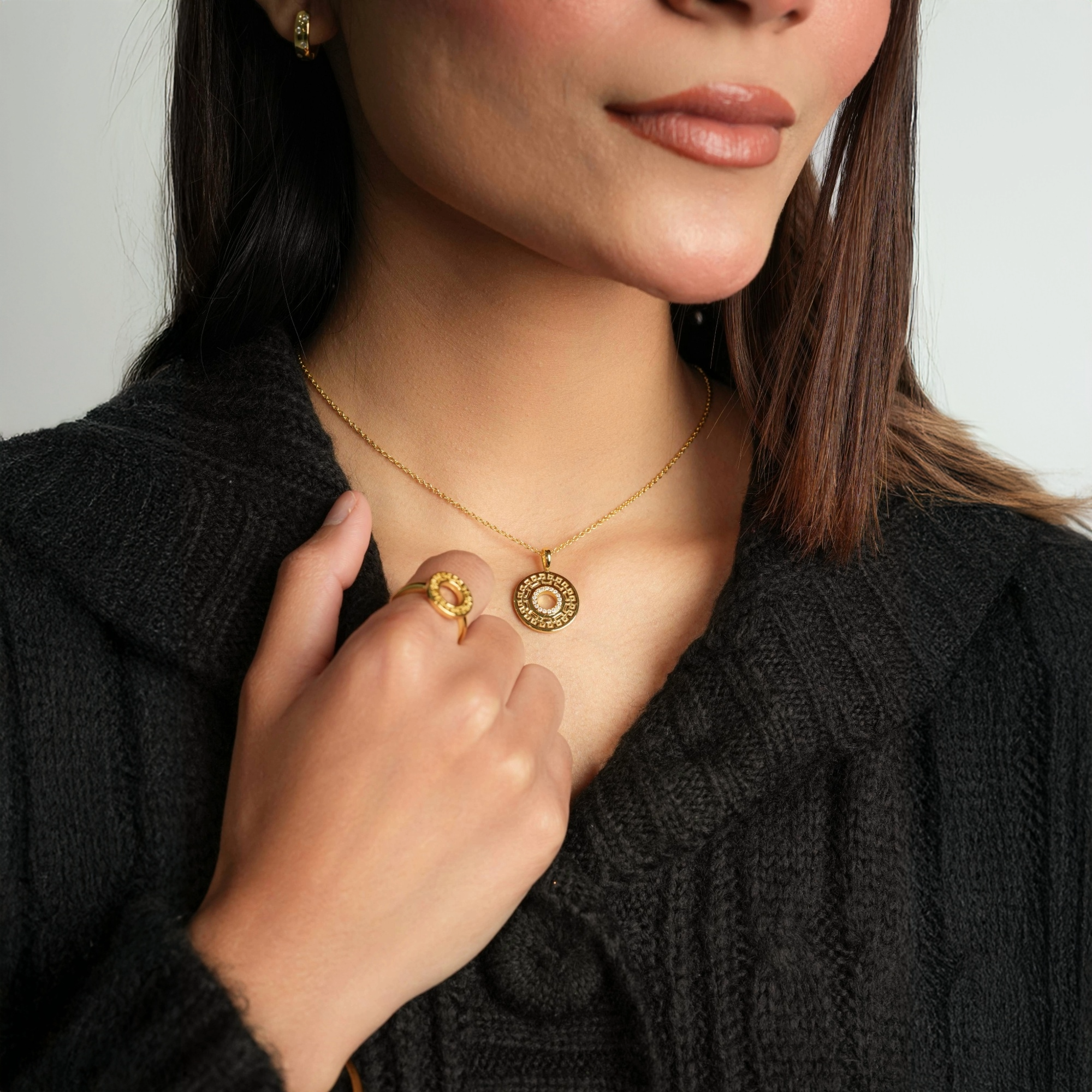 Person wearing Medallion Vermeil Necklace and Medallion Vermeil Ring